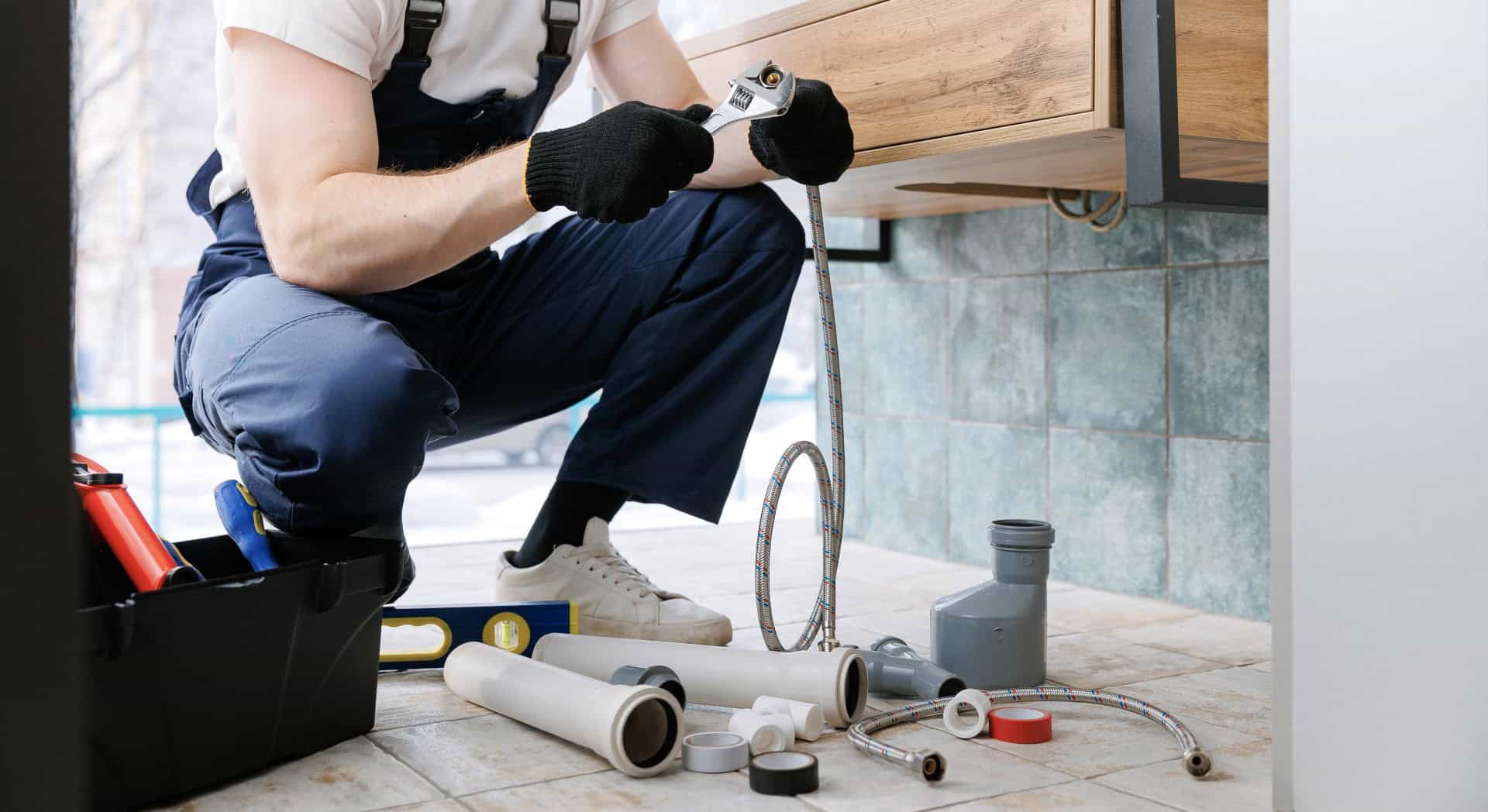 plumber man doing repair service by fluoroplastic sealing material tape