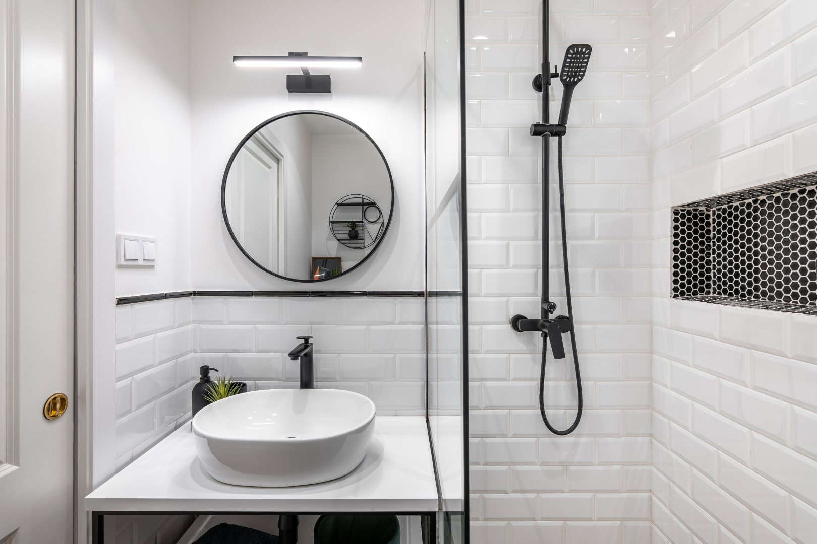 modern bathroom in black and white style with high quality shower equipment